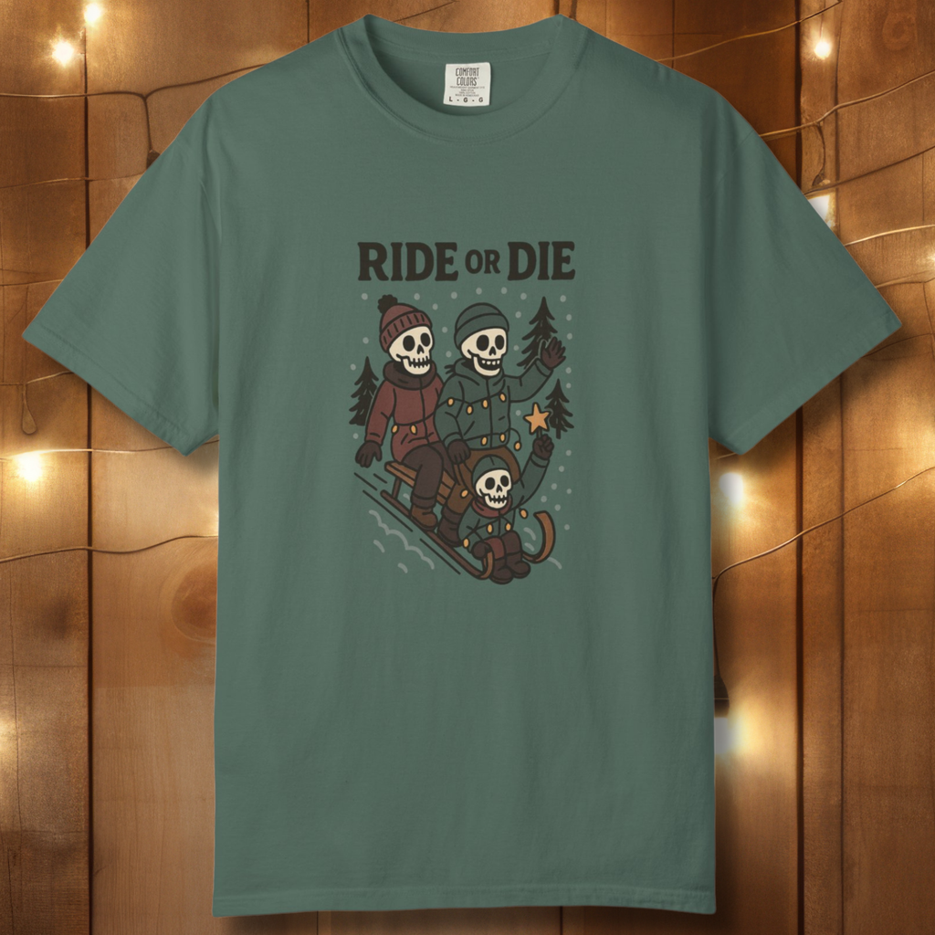 Ride or Die Skeleton Sledding Crew T-Shirt — Vintage Family Snow Day Tee