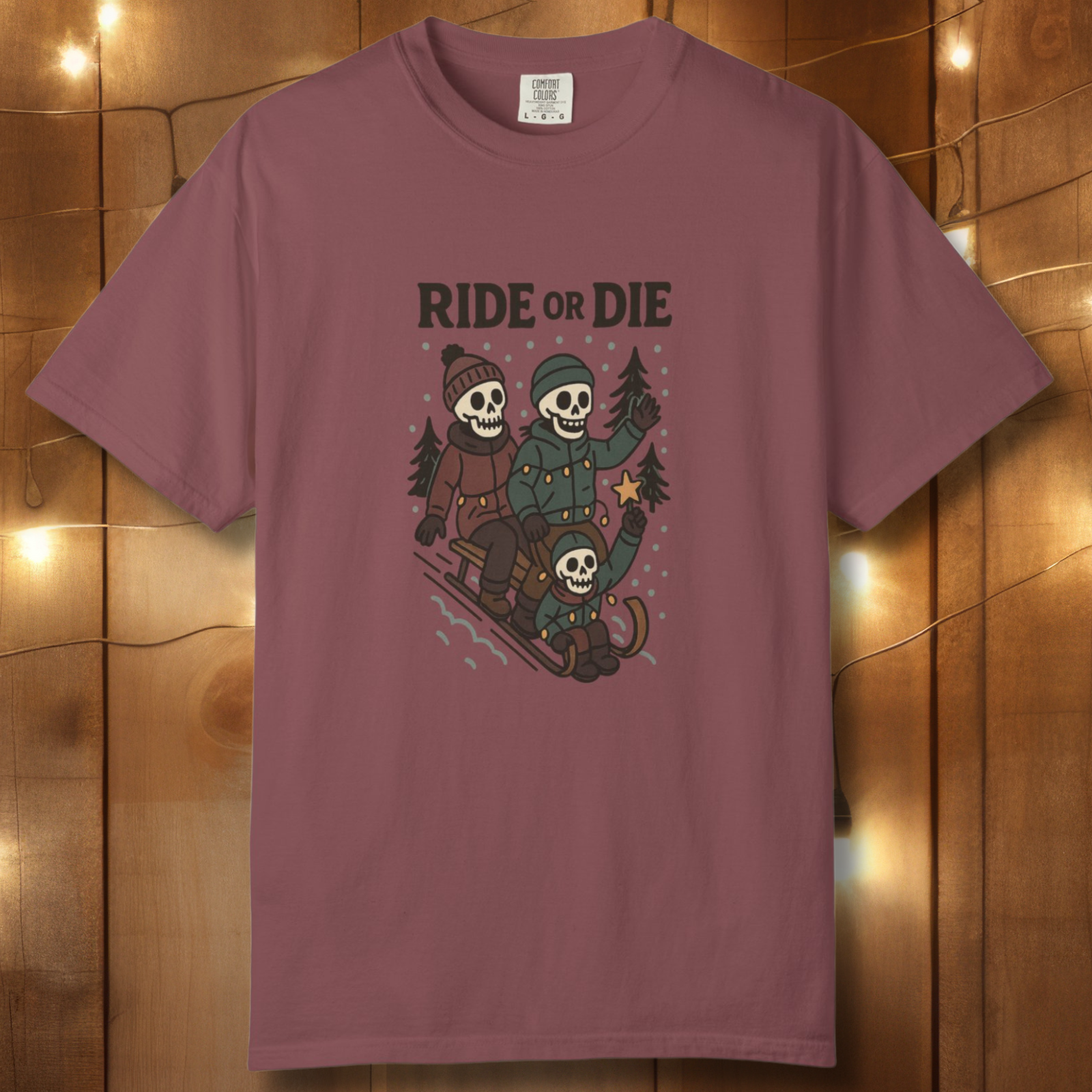 Ride or Die Skeleton Sledding Crew T-Shirt — Vintage Family Snow Day Tee