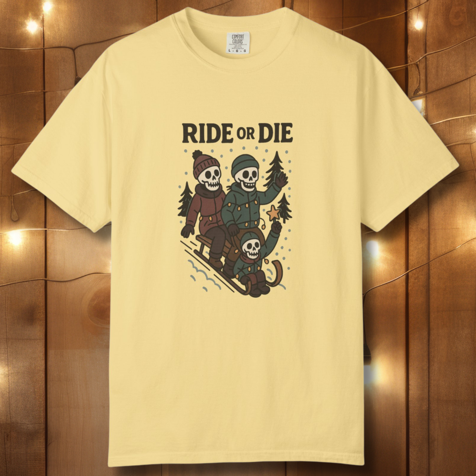 Ride or Die Skeleton Sledding Crew T-Shirt — Vintage Family Snow Day Tee