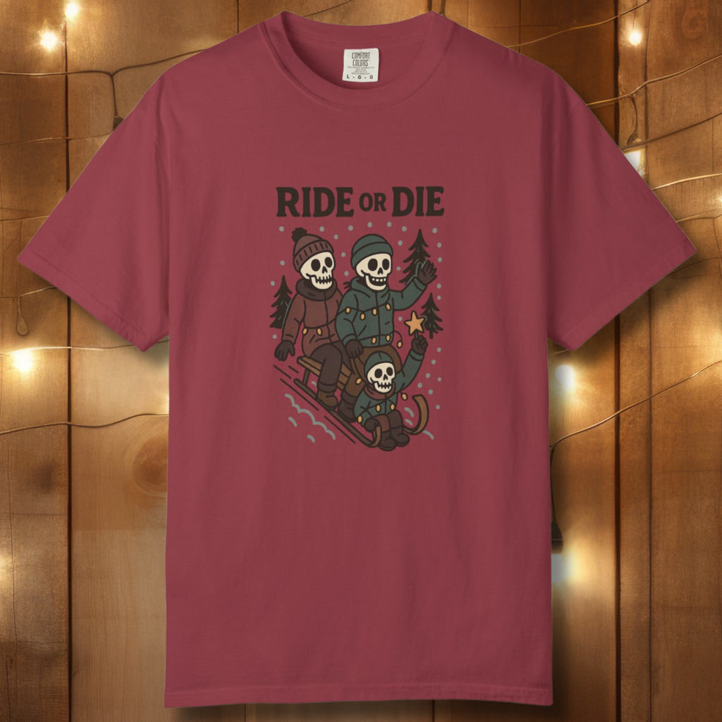 Ride or Die Skeleton Sledding Crew T-Shirt — Vintage Family Snow Day Tee