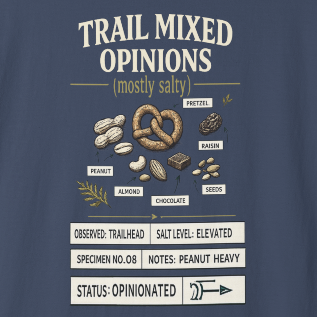 Close-up of Trail Mixed Opinions field guide style graphic with trail snack labels.