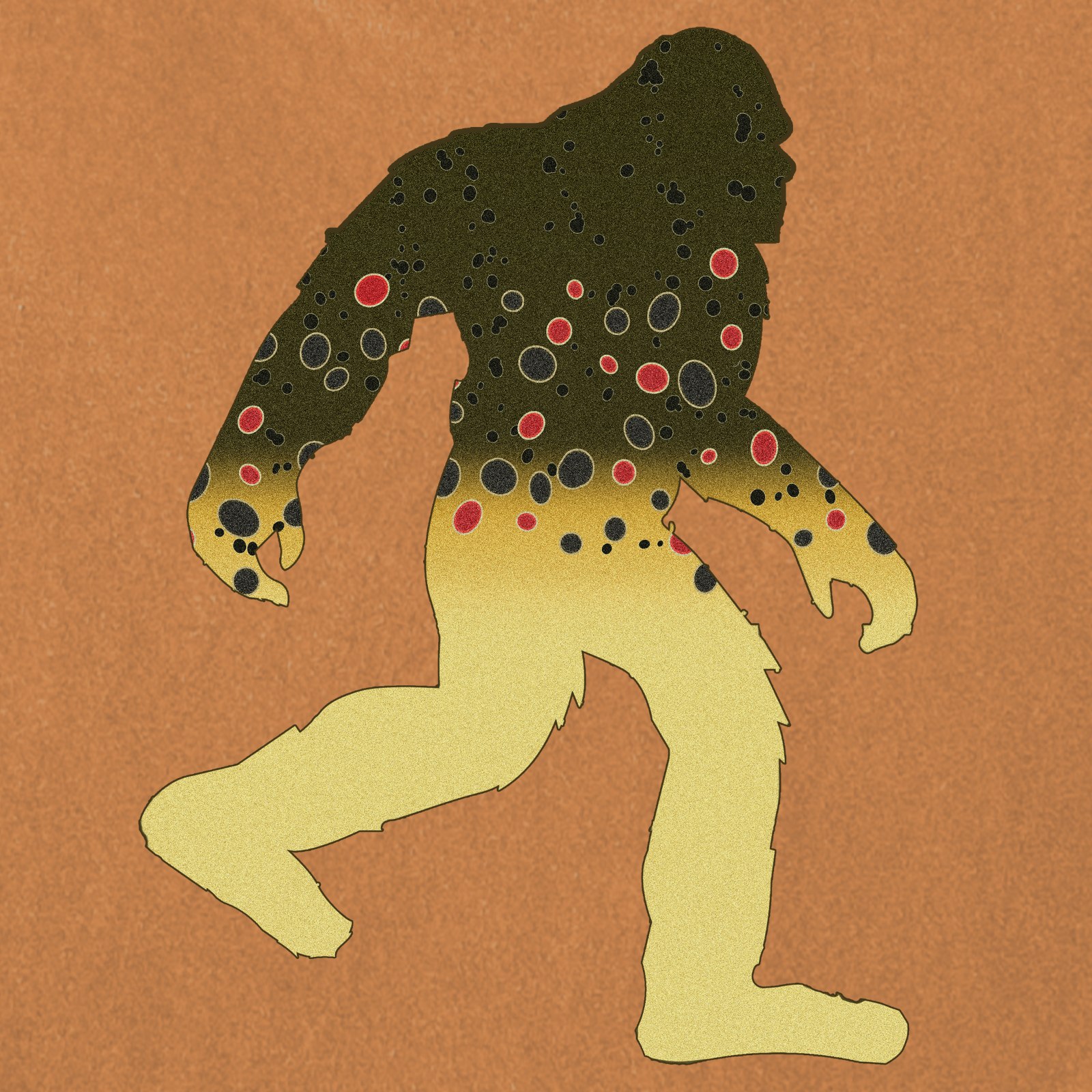 Close-up of  Bigfoot with brown trout pattern graphic