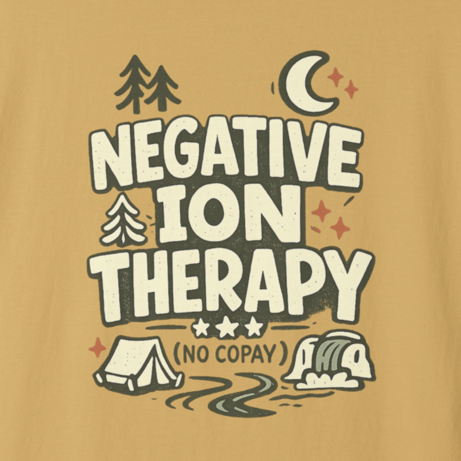 Close-up of Negative Ion Therapy (No Copay) design with campfire and outdoors icons.