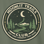 Circular logo for 'Moonlit Trails Club' with a night scene design on a green background.
