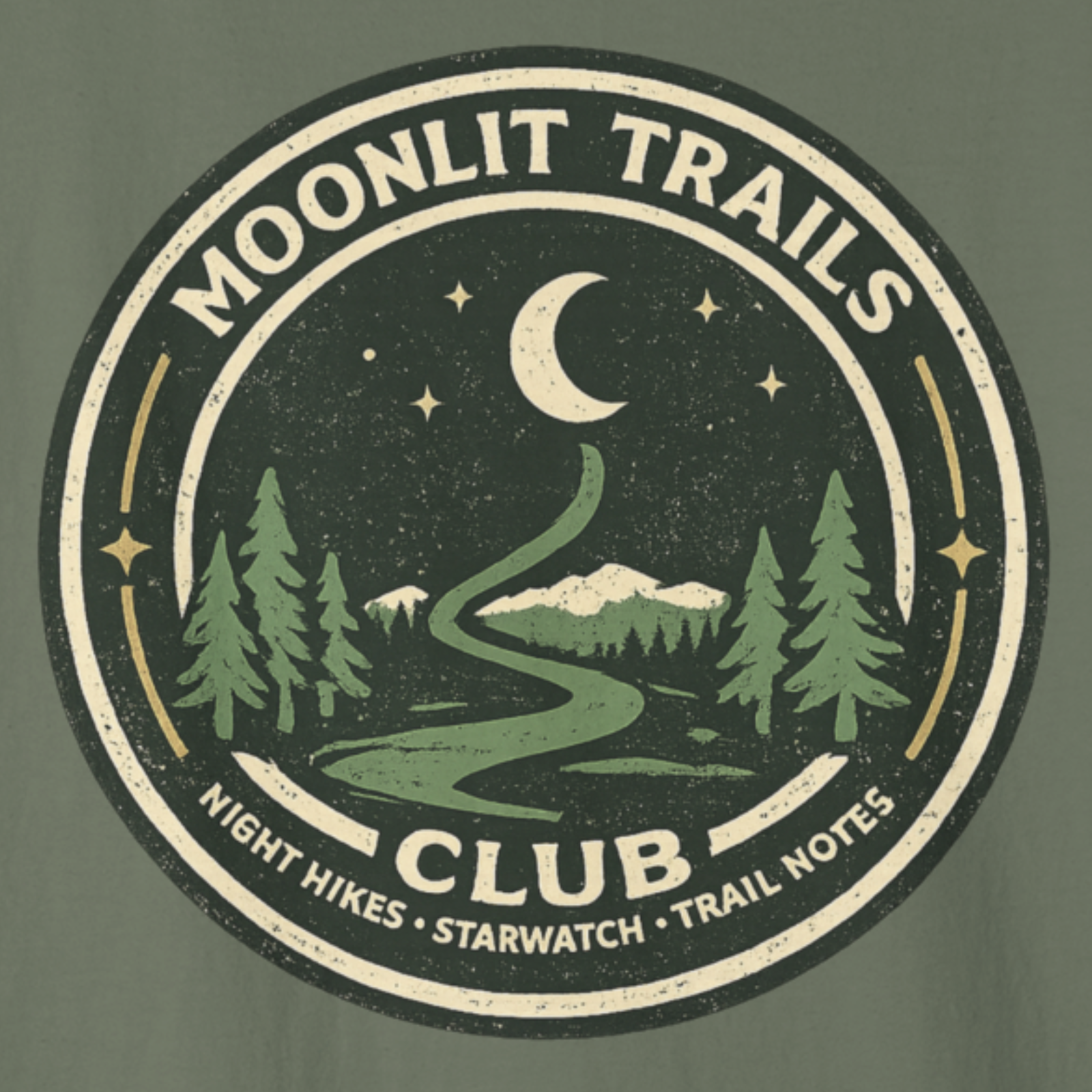 Circular logo for 'Moonlit Trails Club' with a night scene design on a green background.