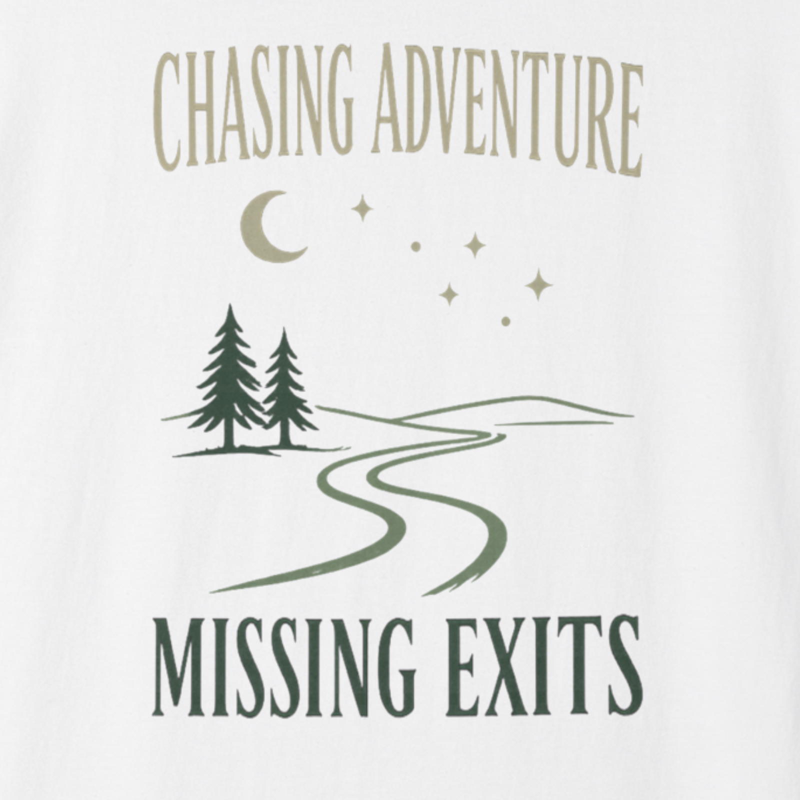 Close-up of Chasing Adventure Missing Exits text with crescent moon, pines, and winding road.
