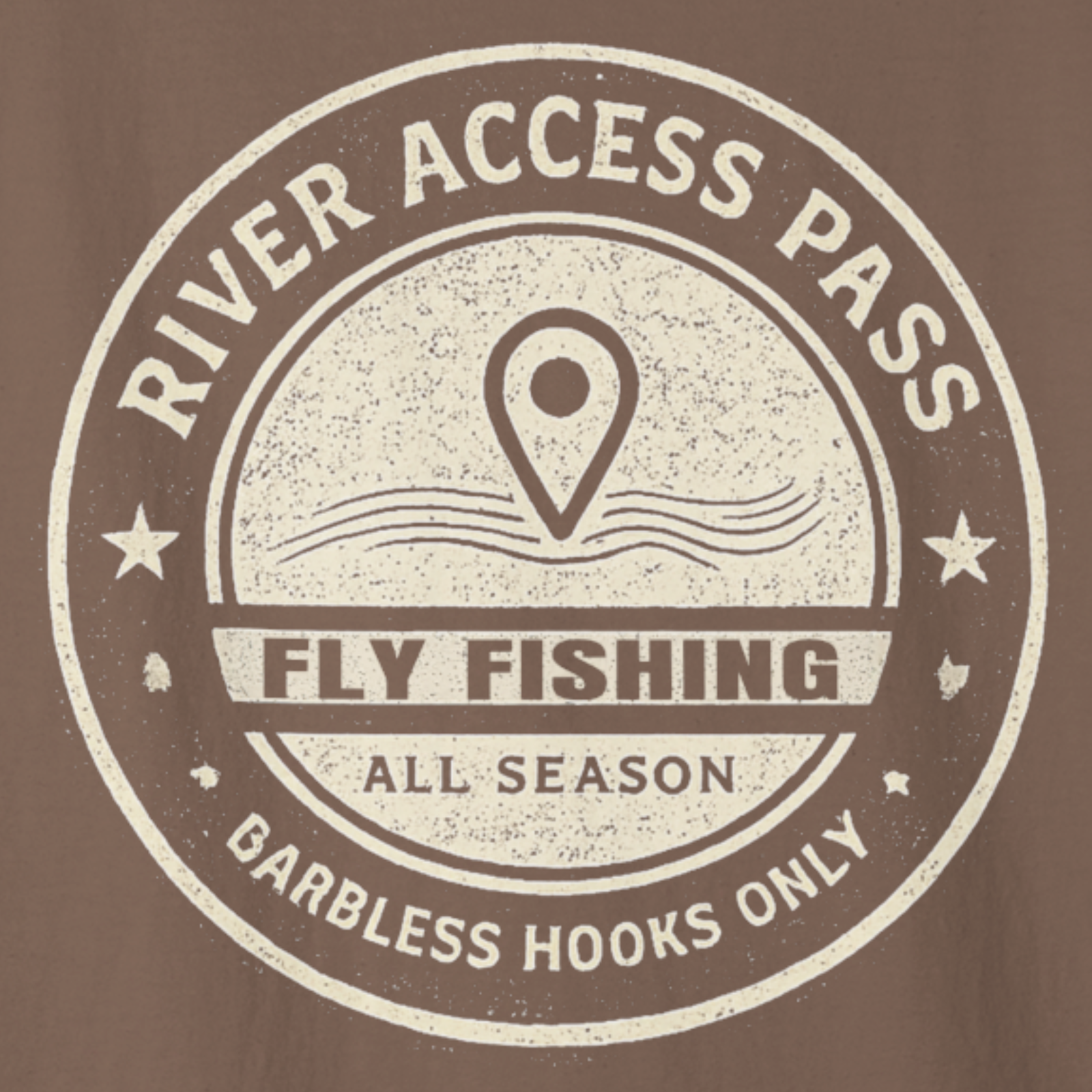 Artwork closeup of River Access Pass fly fishing t-shirt vintage badge graphic