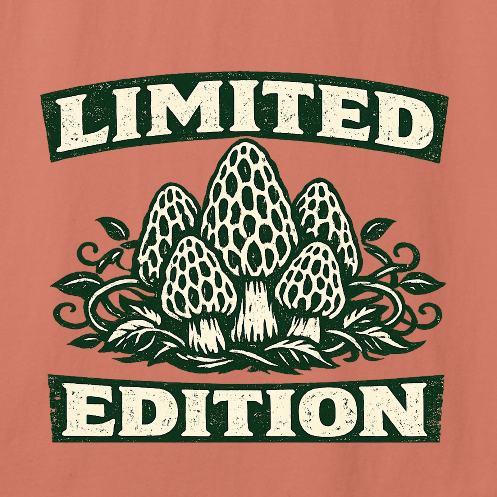 T-shirt with morel mushroom design and 'Limited Edition' text on a pink background
