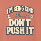 Close-up of I’m Being Kind Don’t Push It bold retro typography design.
