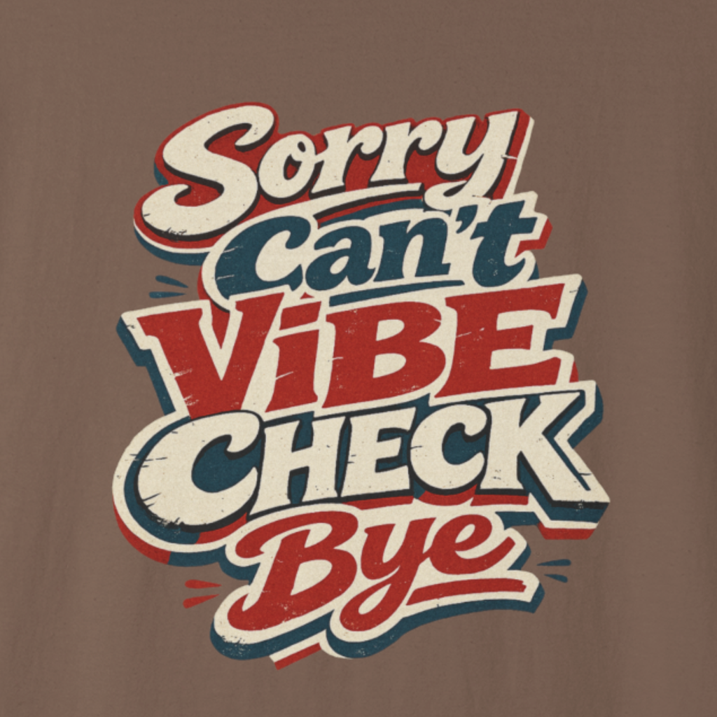 T-shirt with colorful text design on a brown background