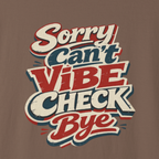 T-shirt with colorful text design on a brown background