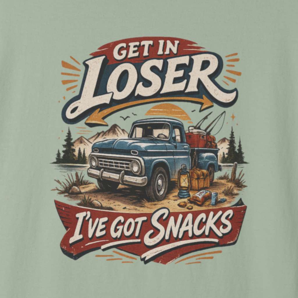 Close-up of ‘Get In Loser I’ve Got Snacks’ retro road trip truck illustration and lettering.