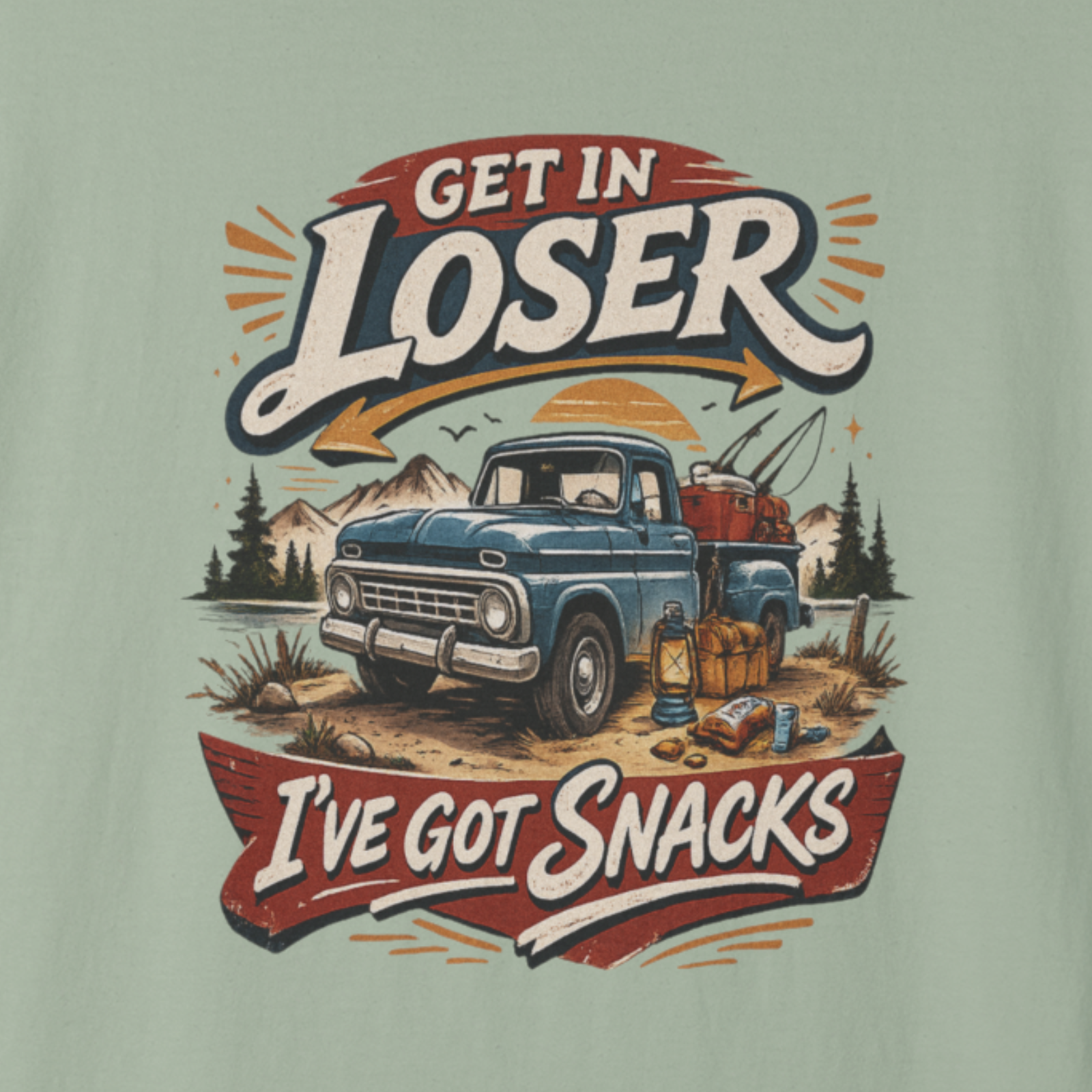 Close-up of ‘Get In Loser I’ve Got Snacks’ retro road trip truck illustration and lettering.