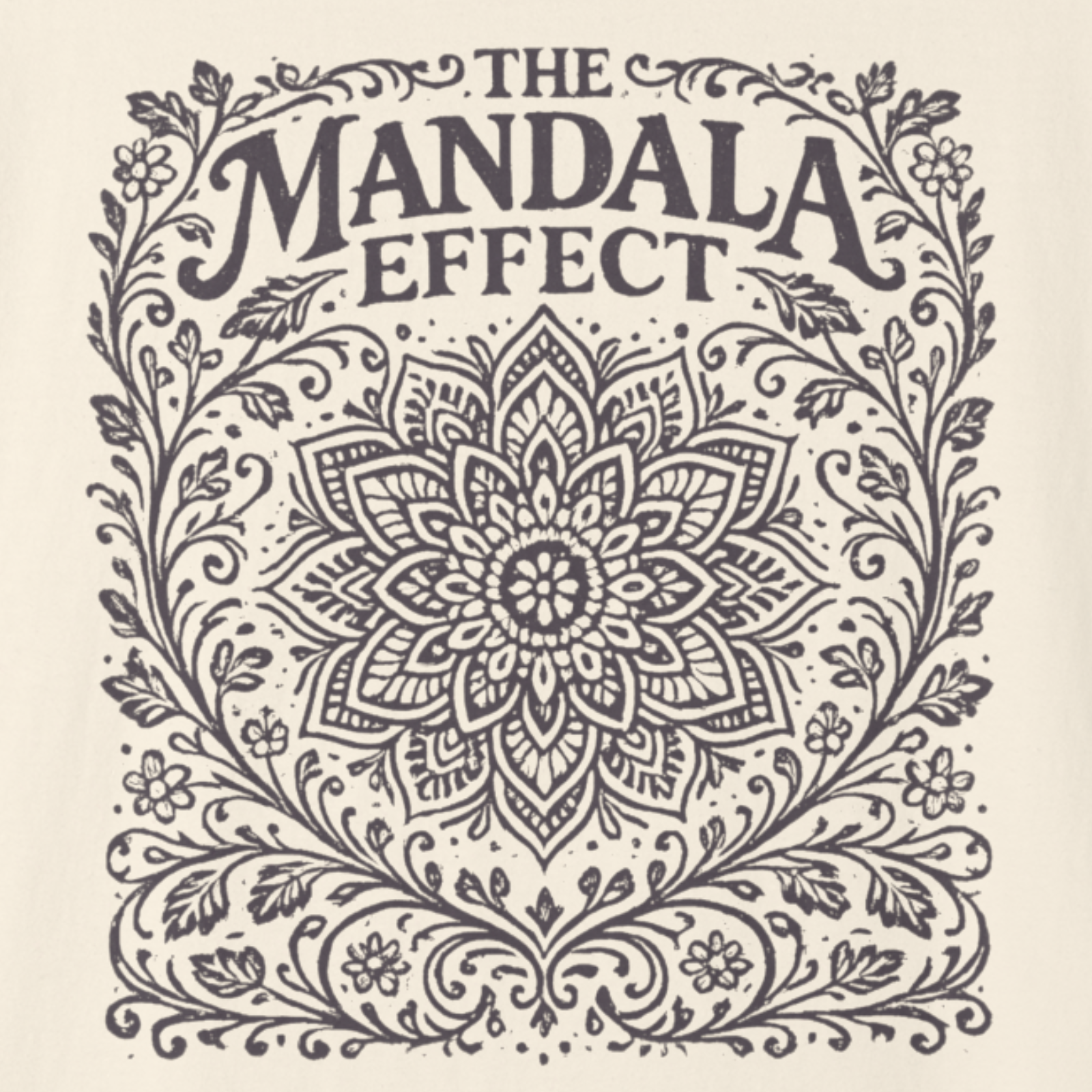 Mandala design with 'The Mandala Effect' text on a beige background