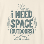 Text 'I Need Space (Outdoors)' with nature-themed illustrations on a beige background