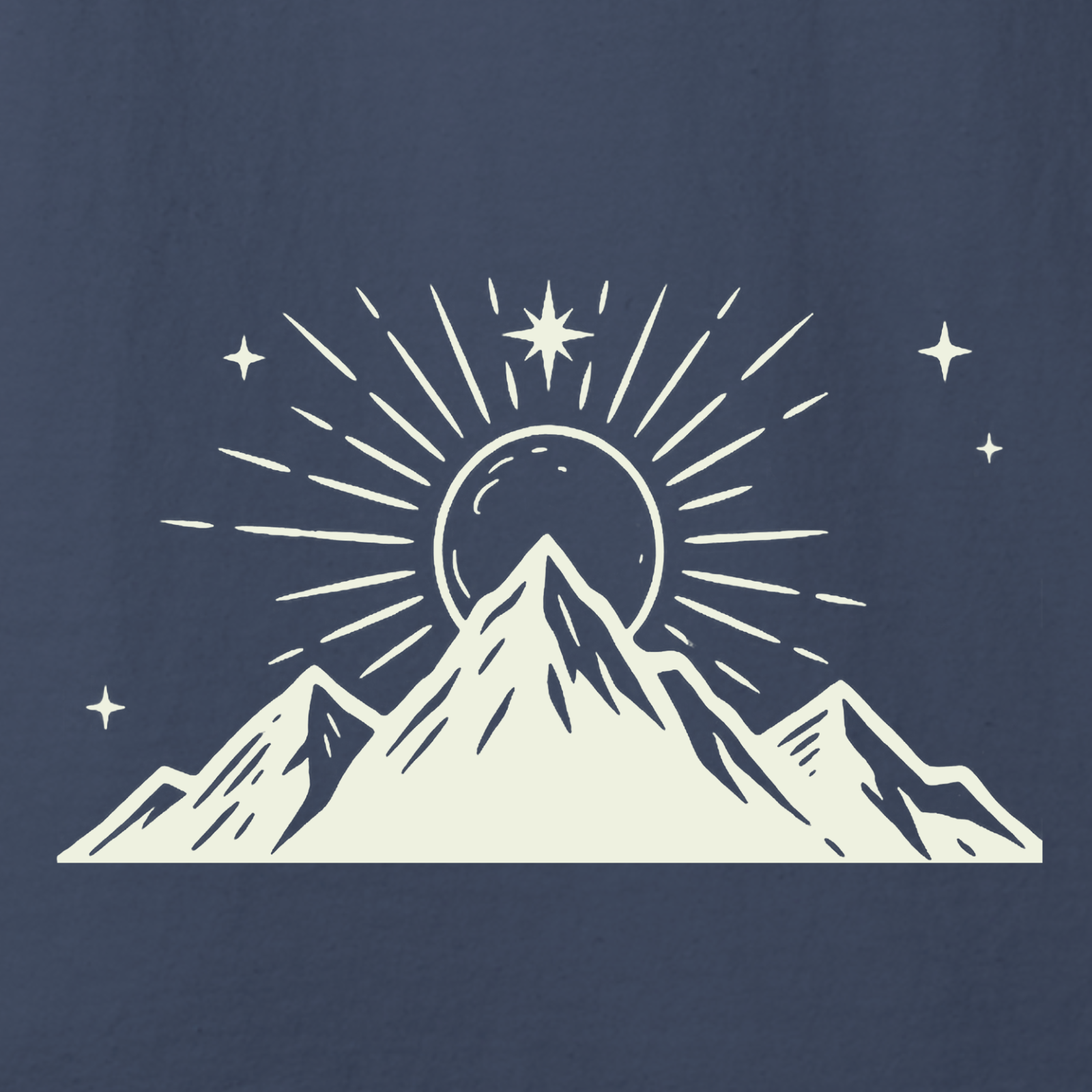 Mountain with sun and stars design on a navy blue background