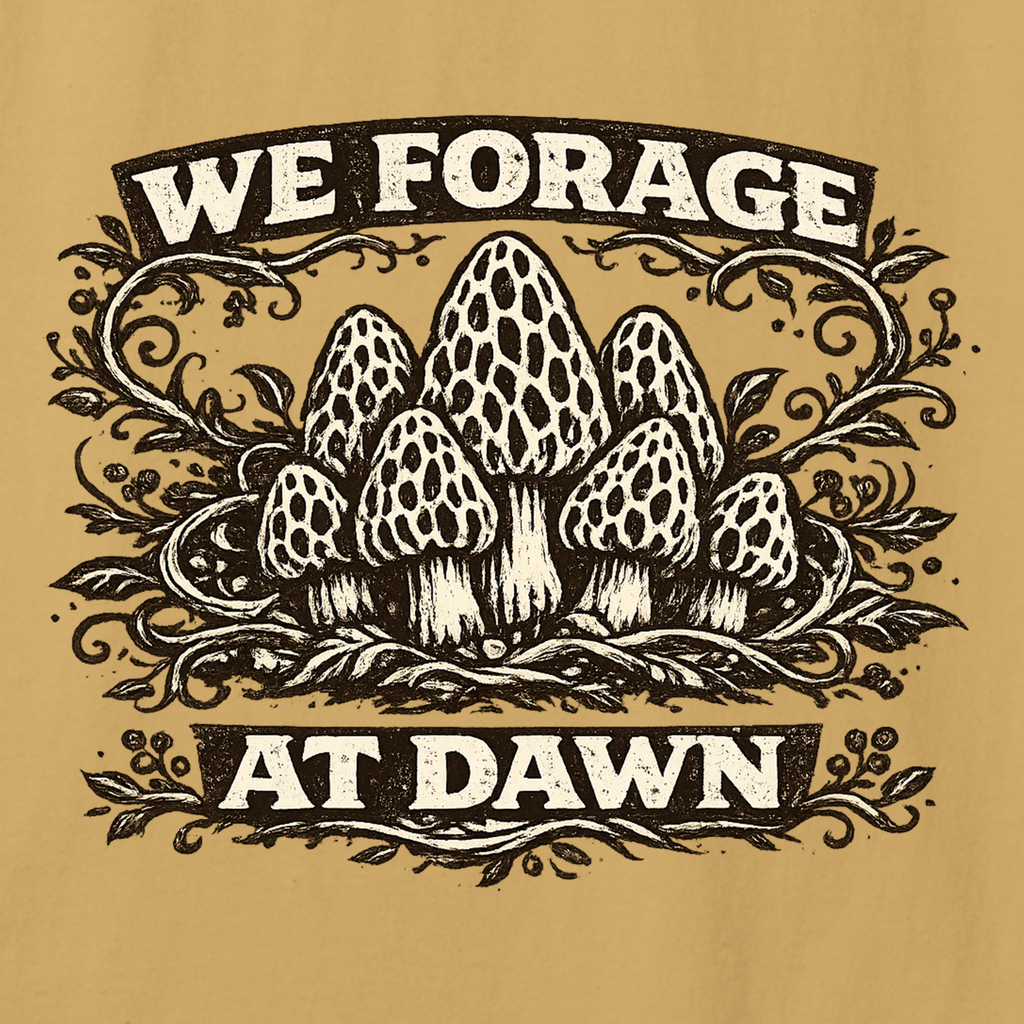 Mushroom graphic with text 'We Forage at Dawn' on a beige background