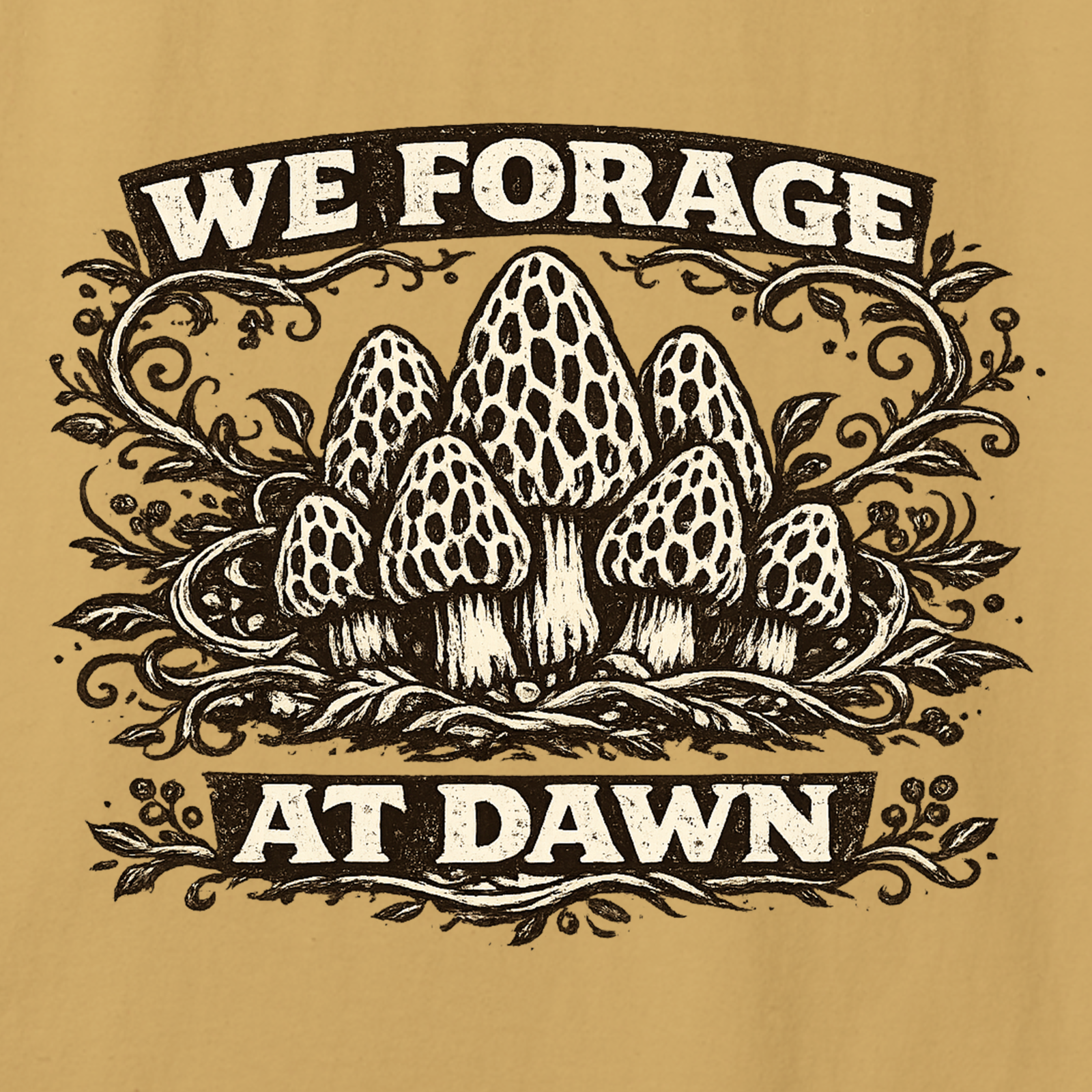 Mushroom graphic with text 'We Forage at Dawn' on a beige background