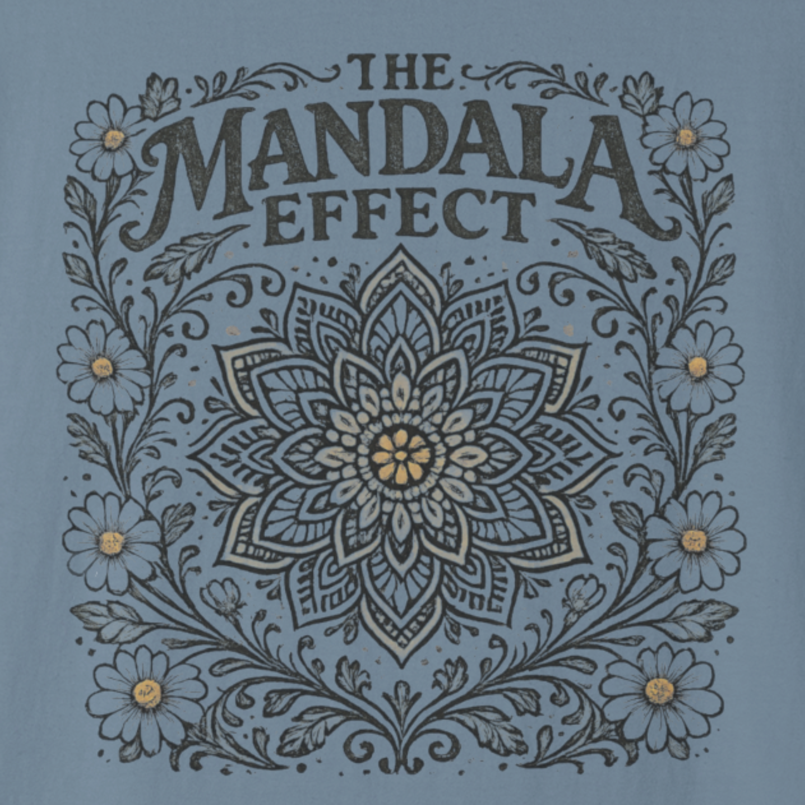 Mandala design with flowers and 'The Mandala Effect' text on a blue background