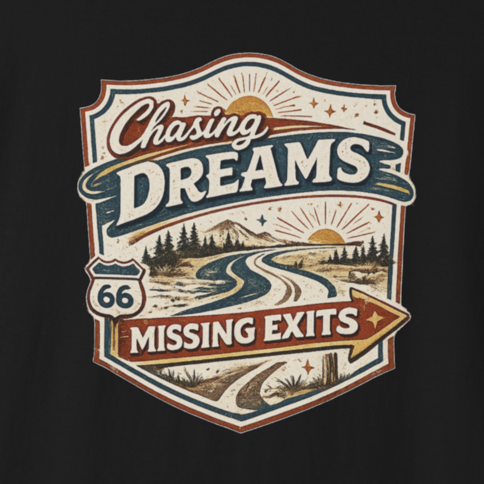 Close-up of Chasing Dreams Missing Exits typography and vintage sign-style design.
