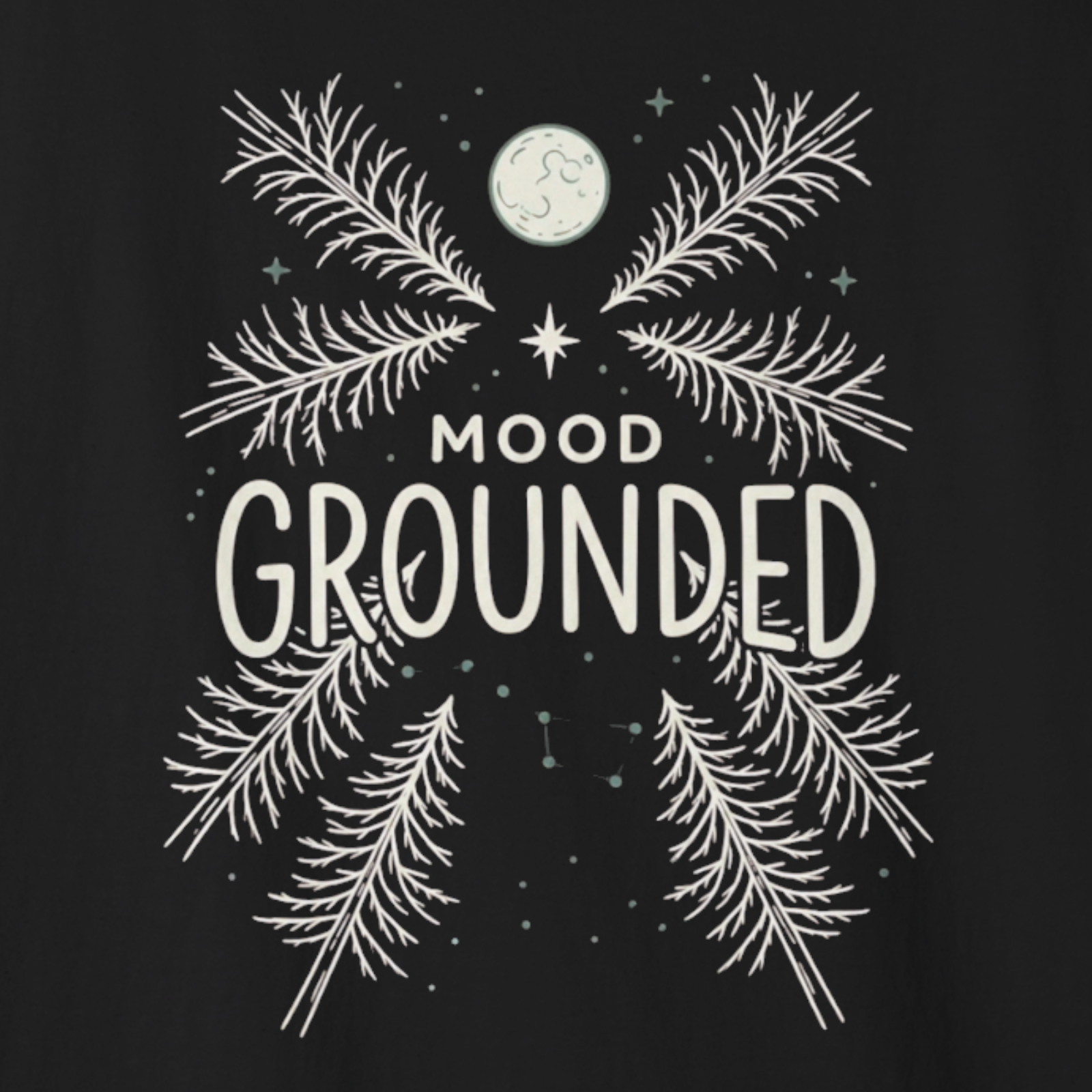 Closeup of Mood Grounded pine line-art design shown as flat graphic (back print).