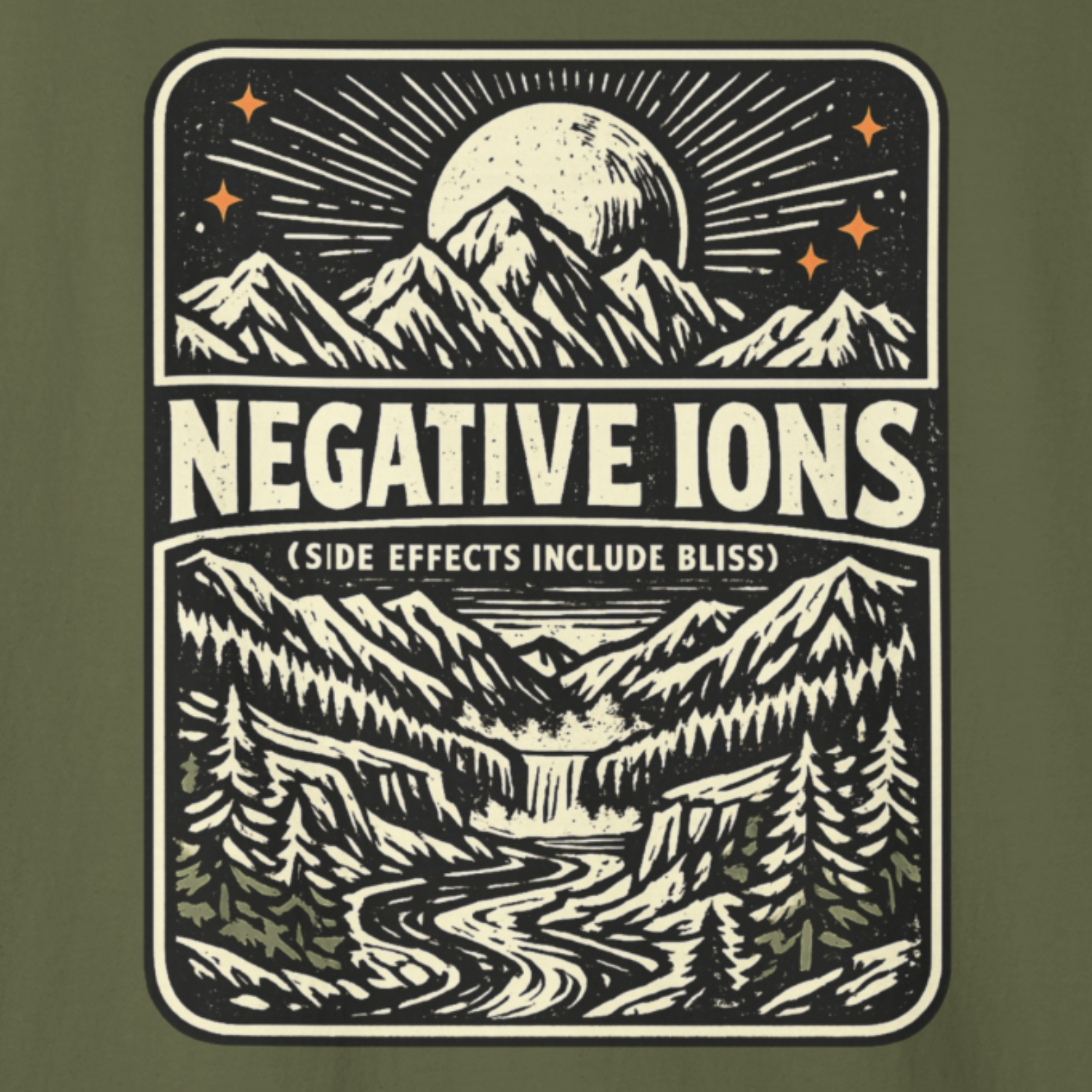 Close-up of Negative Ions mountain moon backprint with bold lettering and vintage outdoor illustration.