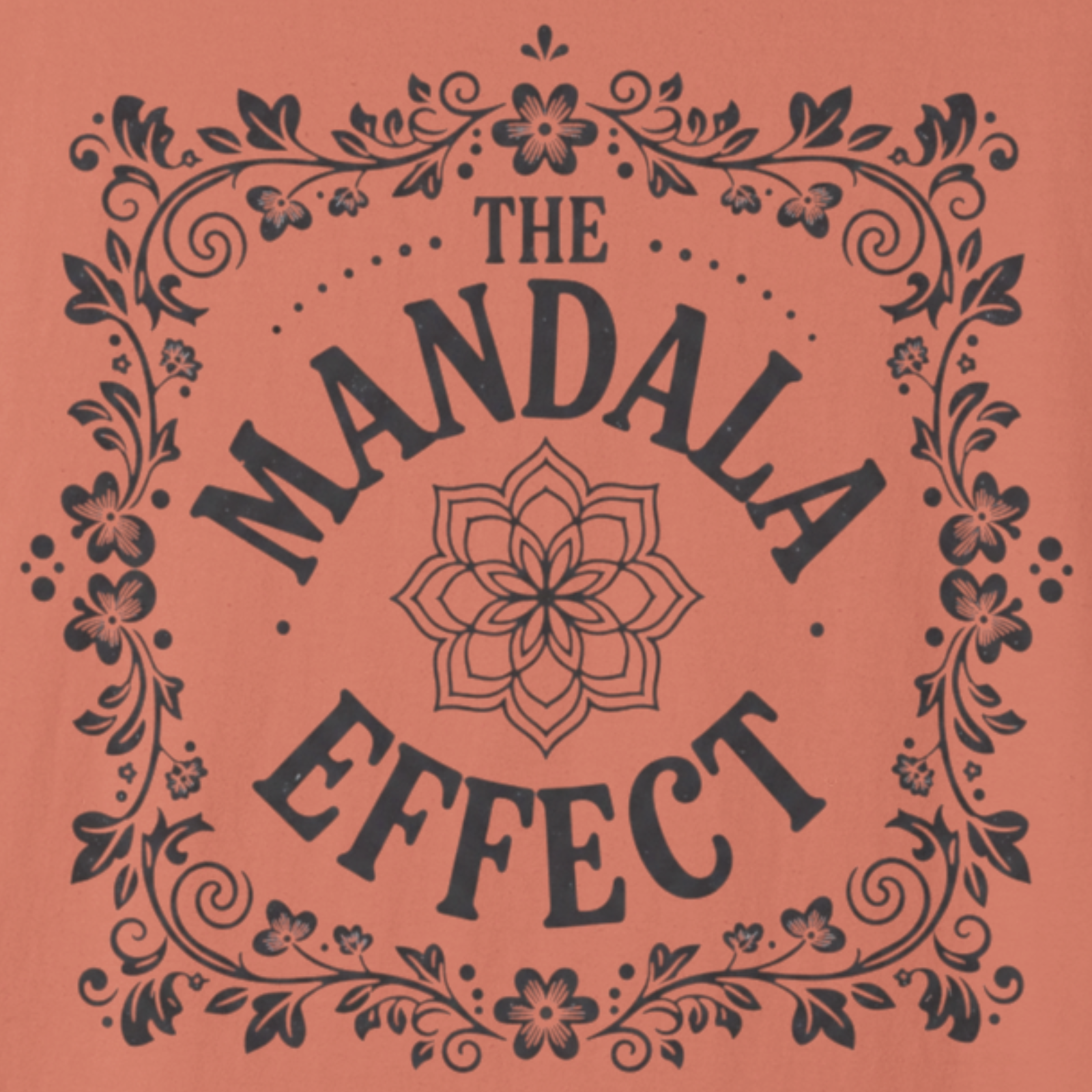 Decorative text 'The Mandala Effect' with floral elements on a red background