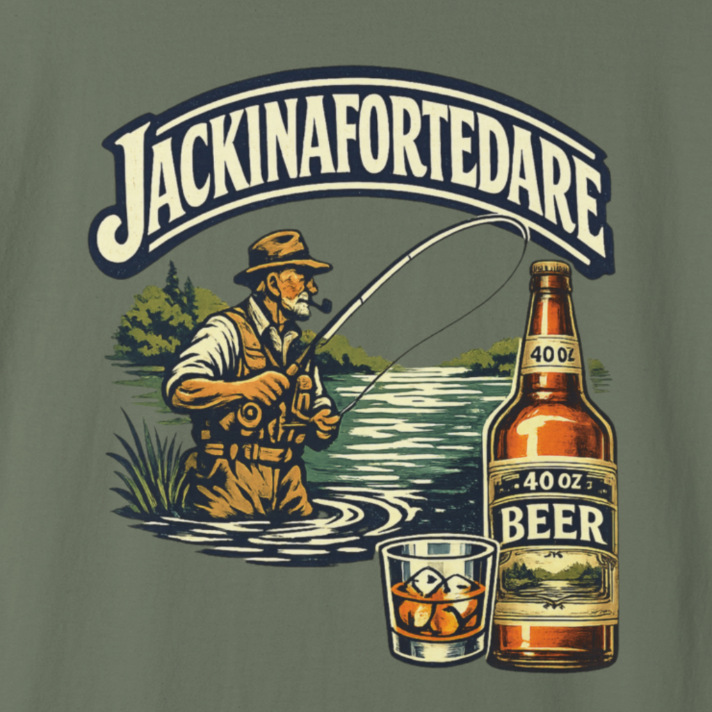 Closeup graphic of a fisherman, bottle of beer, and glass on a green background.