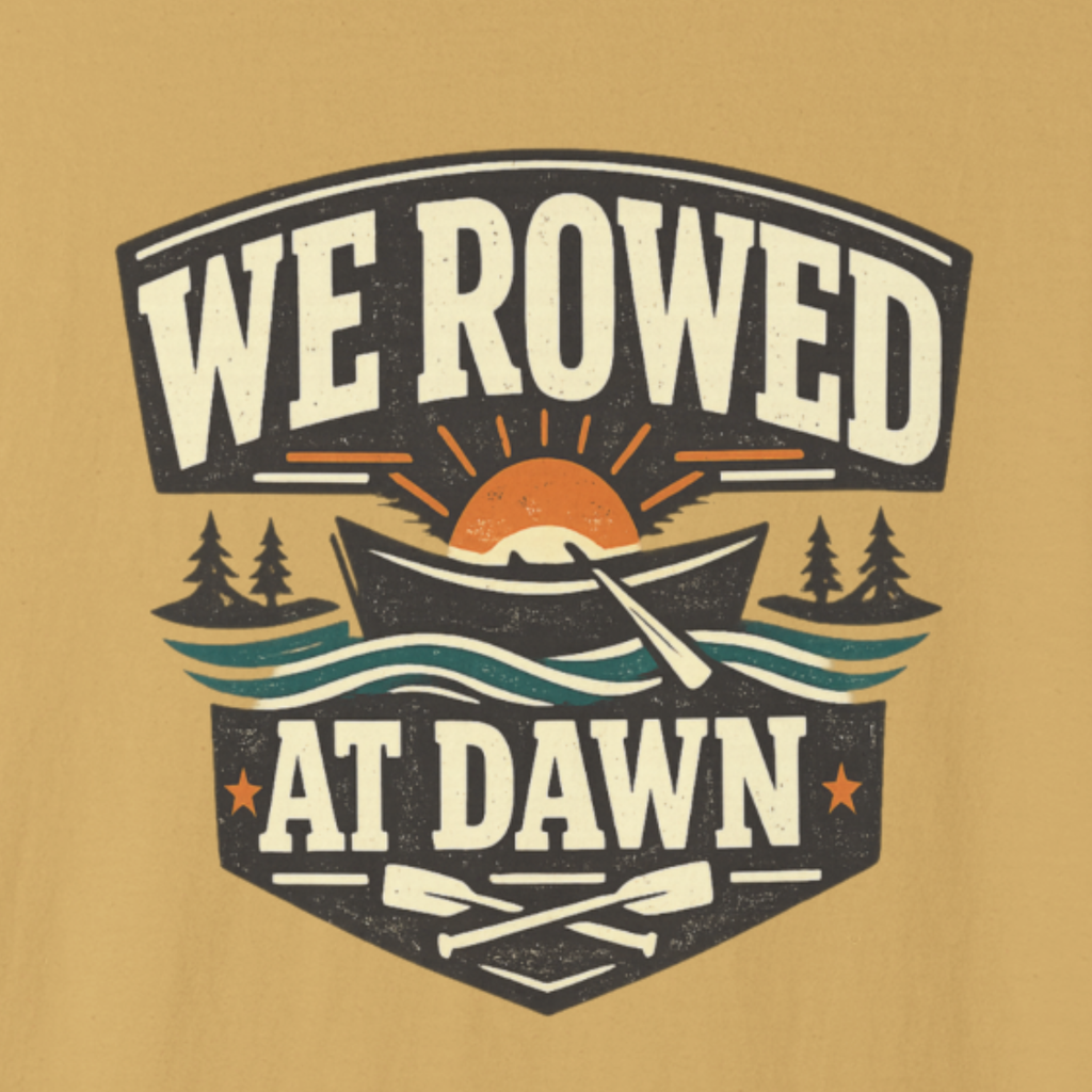 Close-up of ‘We Rowed At Dawn’ retro river badge design for fly fishing.