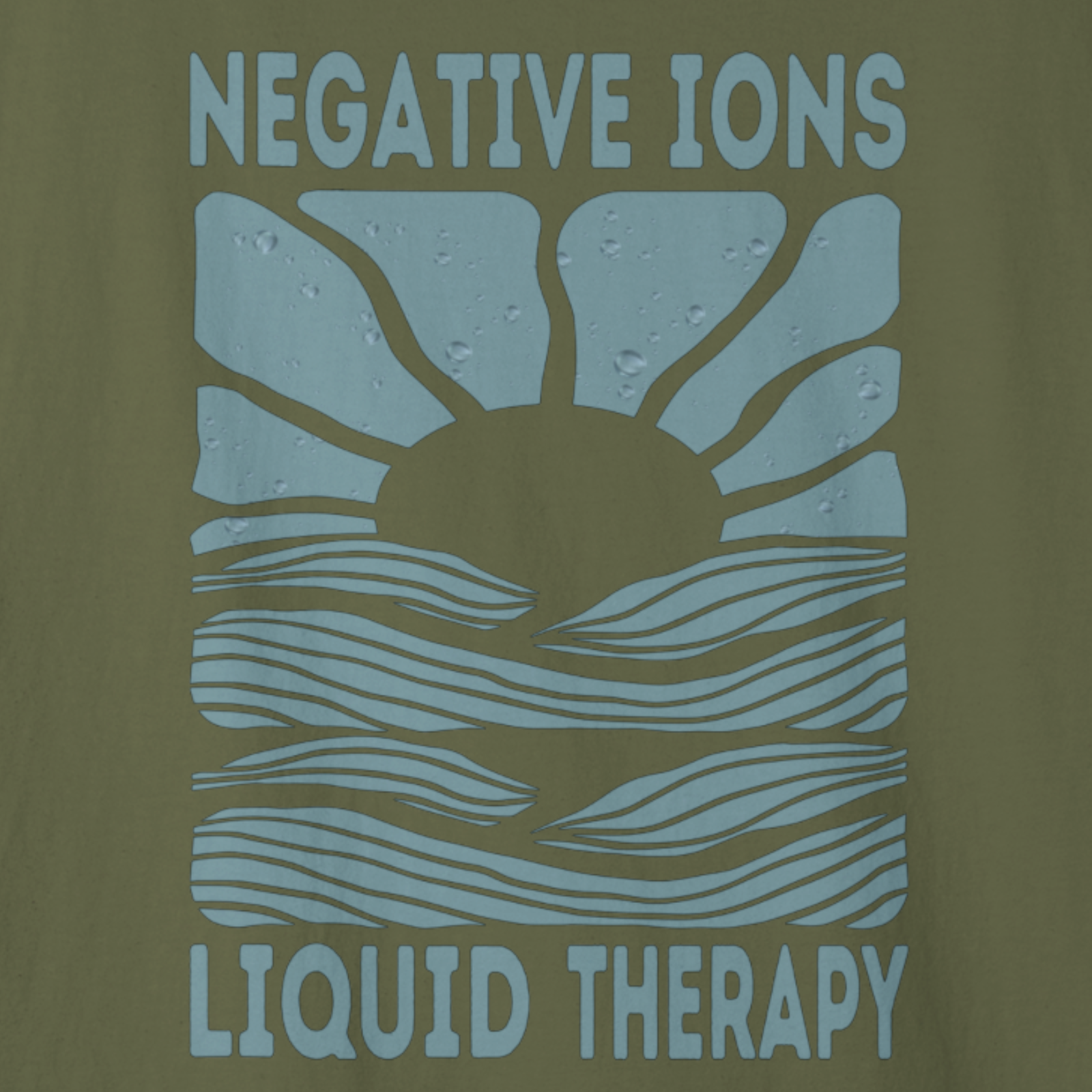 Negative Ions Liquid Therapy graphic close-up in vintage sunrise badge style.