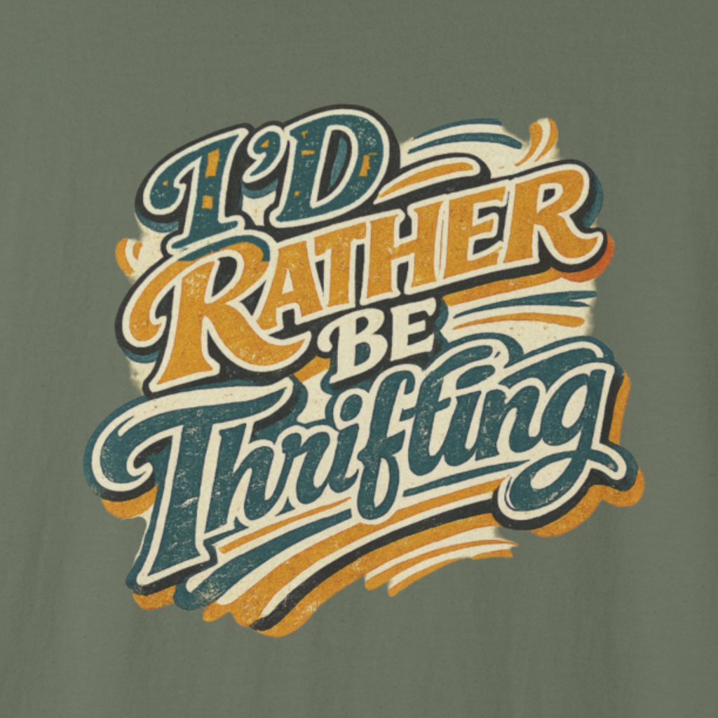 Vintage-style “I’d Rather Be Thrifting” typography graphic with layered retro lettering in muted colors.