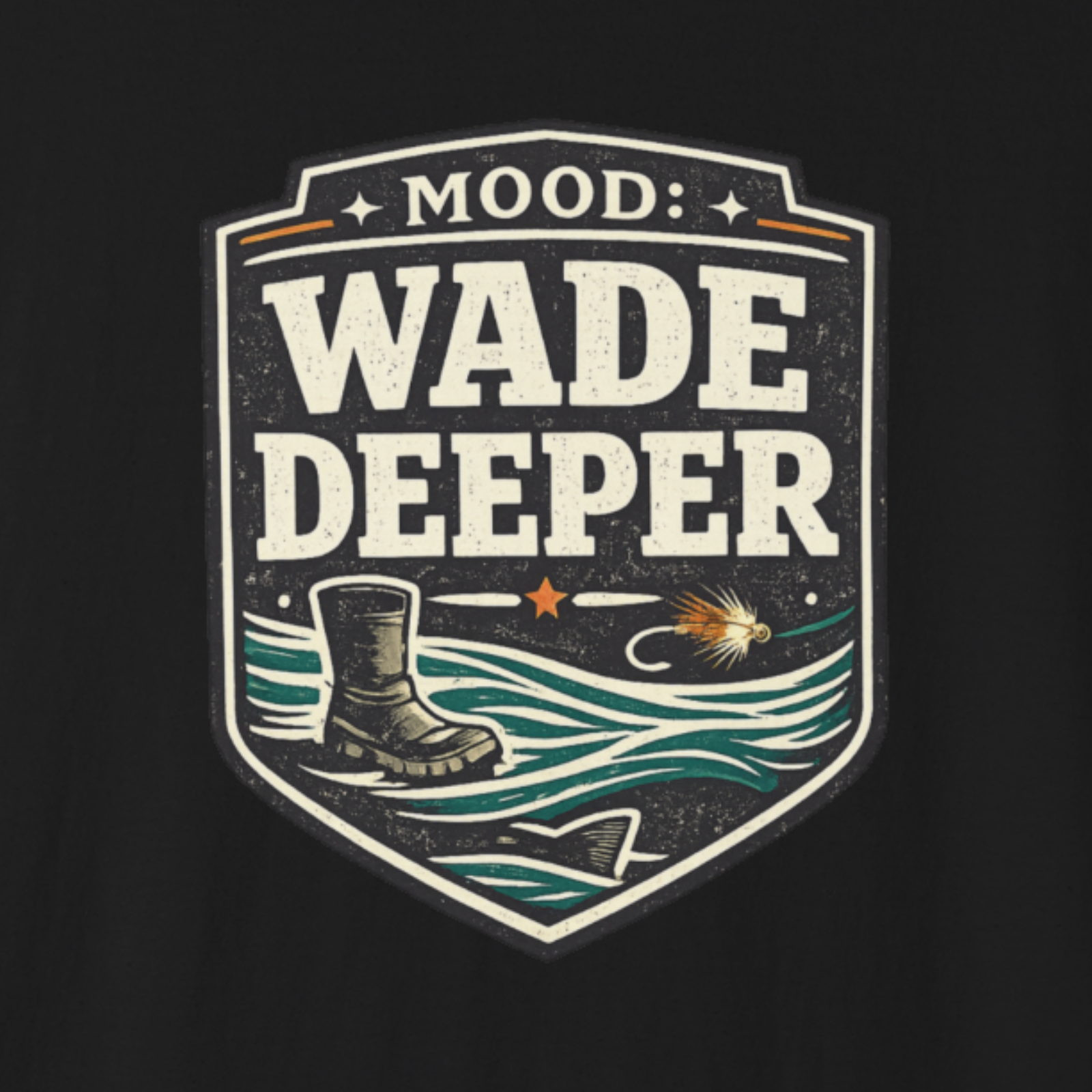 Vintage “Wade Deeper” fishing badge graphic t-shirt with waves and boots in an outdoorsy angler design