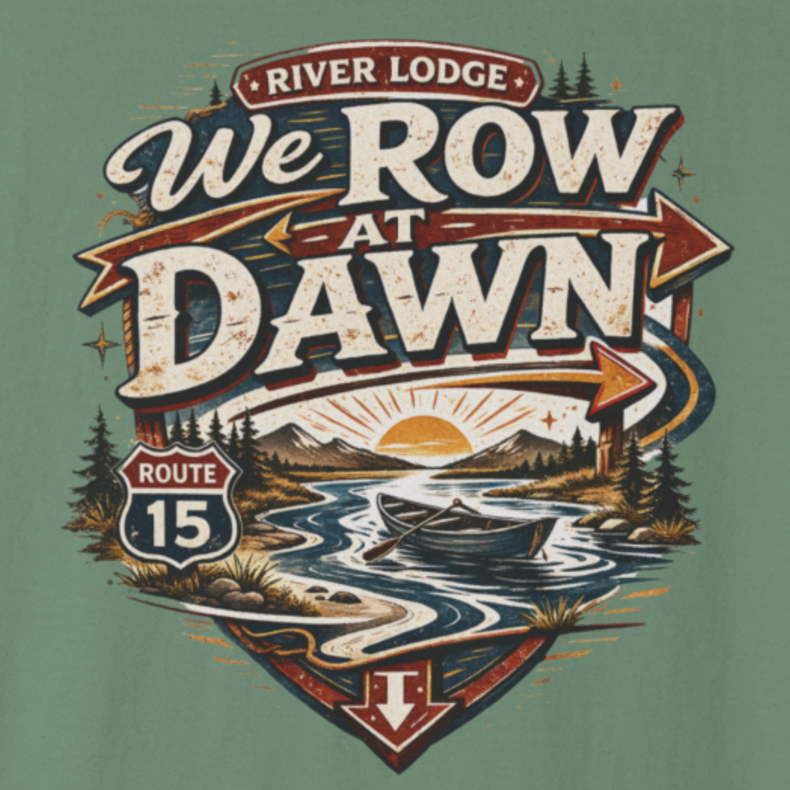 Close-up graphic: We Row At Dawn vintage river badge design for fly fishing.