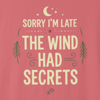 Close-up of Sorry I’m Late The Wind Had Secrets line art typography with moon and small nature accents.