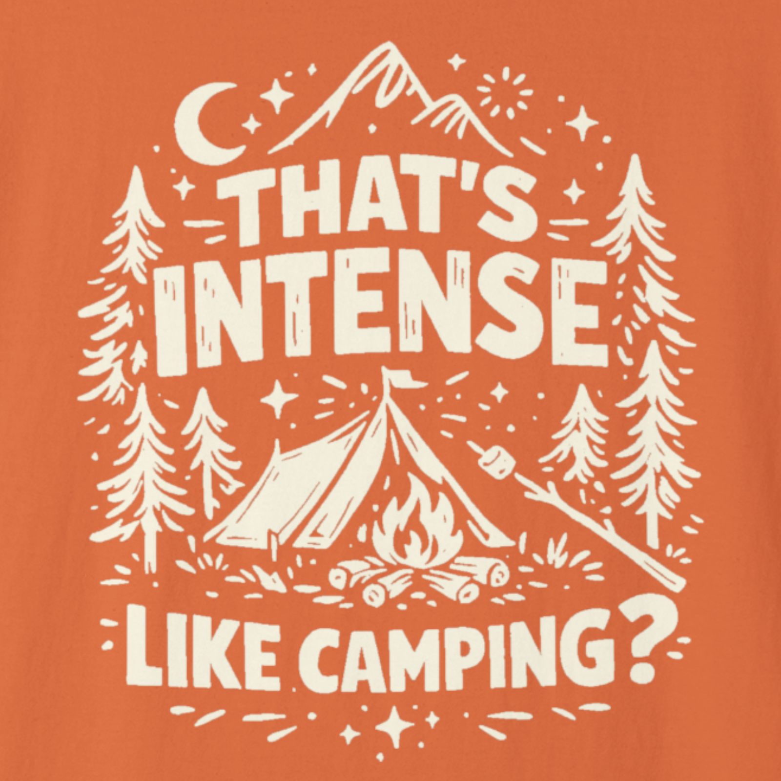 Orange t-shirt with white camping-themed graphic and text.
