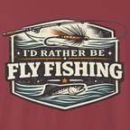 Close-up of I’d Rather Be Fly Fishing vintage badge design with fishing details.