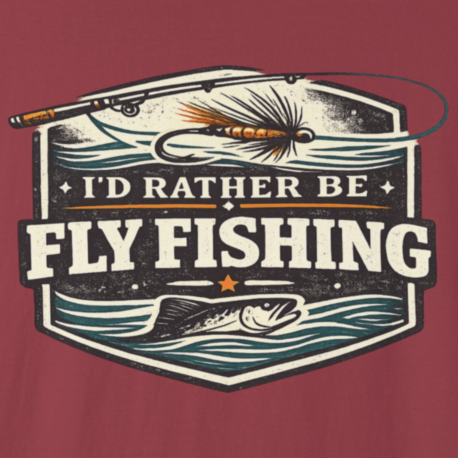 Close-up of I’d Rather Be Fly Fishing vintage badge design with fishing details.