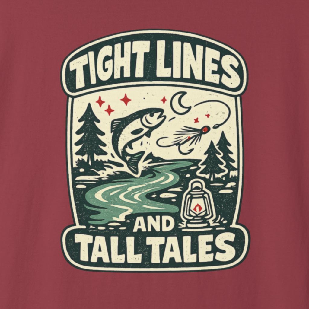 Vintage fishing graphic t-shirt with trout and campfire design reading “Tight Lines and Tall Tales”