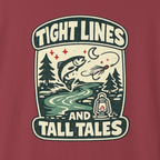Vintage fishing graphic t-shirt with trout and campfire design reading “Tight Lines and Tall Tales”