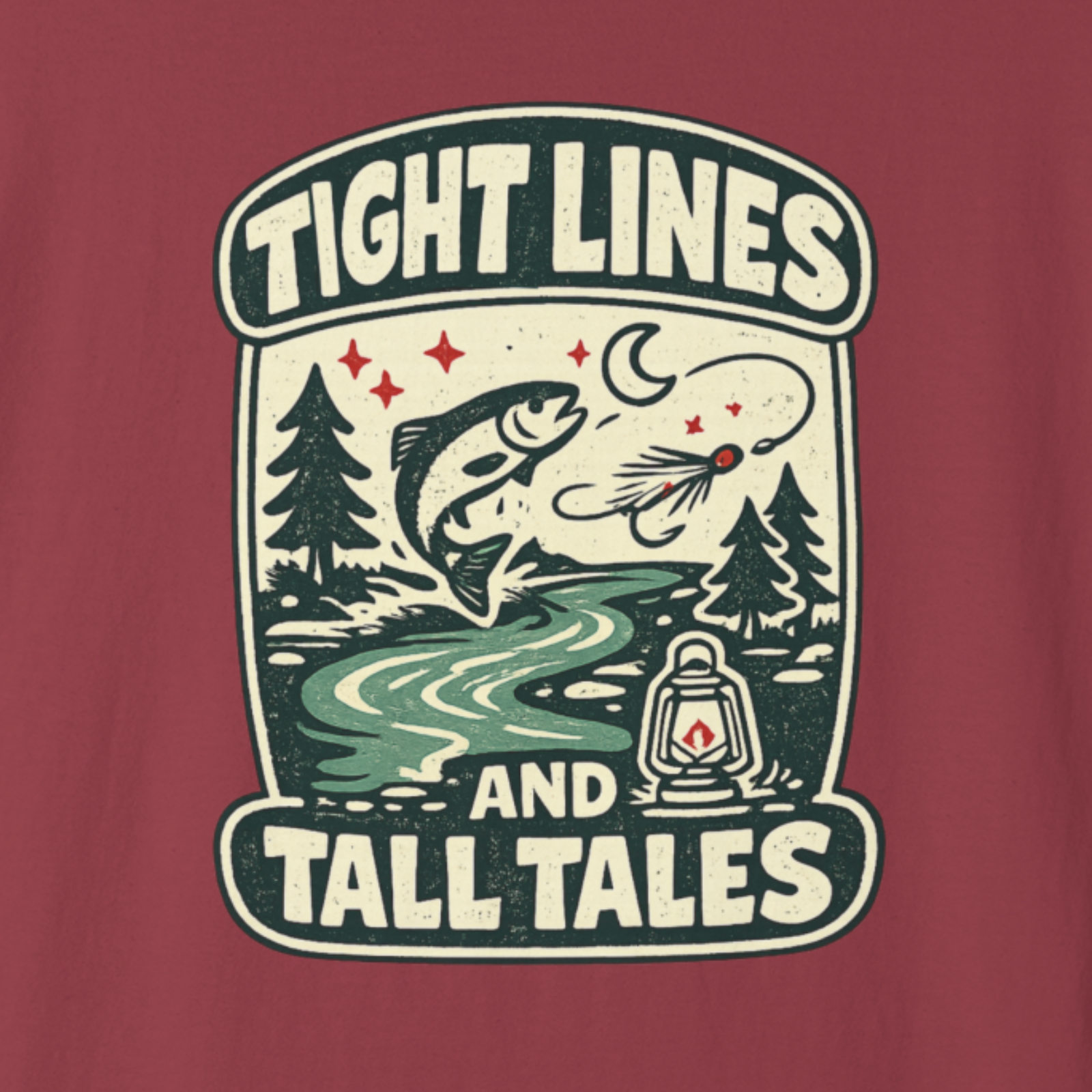 Vintage fishing graphic t-shirt with trout and campfire design reading “Tight Lines and Tall Tales”