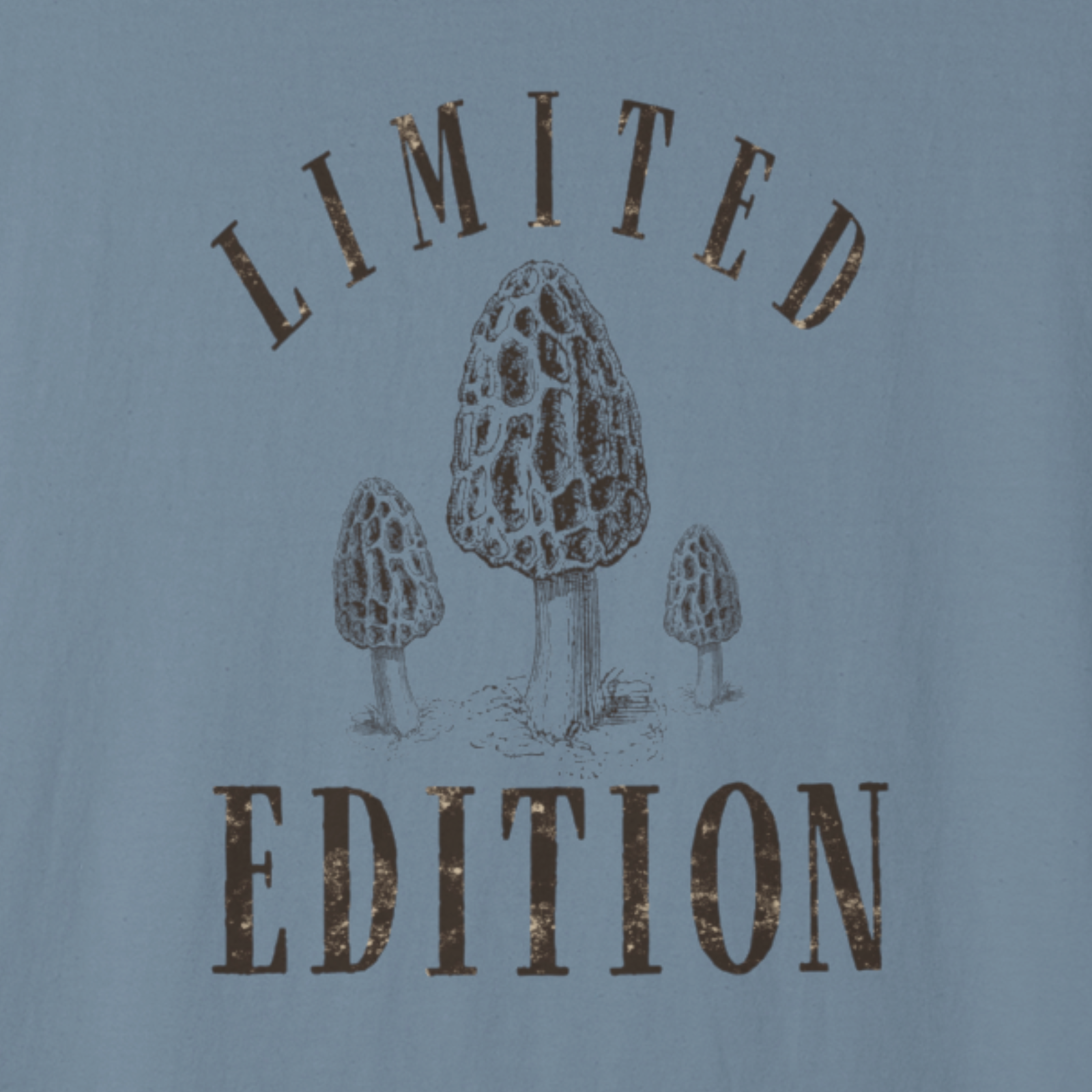 Close-up of Limited Edition morel graphic on soft washed cotton tee