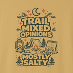 Funny camping graphic t-shirt reading “Trail Mixed Opinions Mostly Salty” in a vintage outdoor design