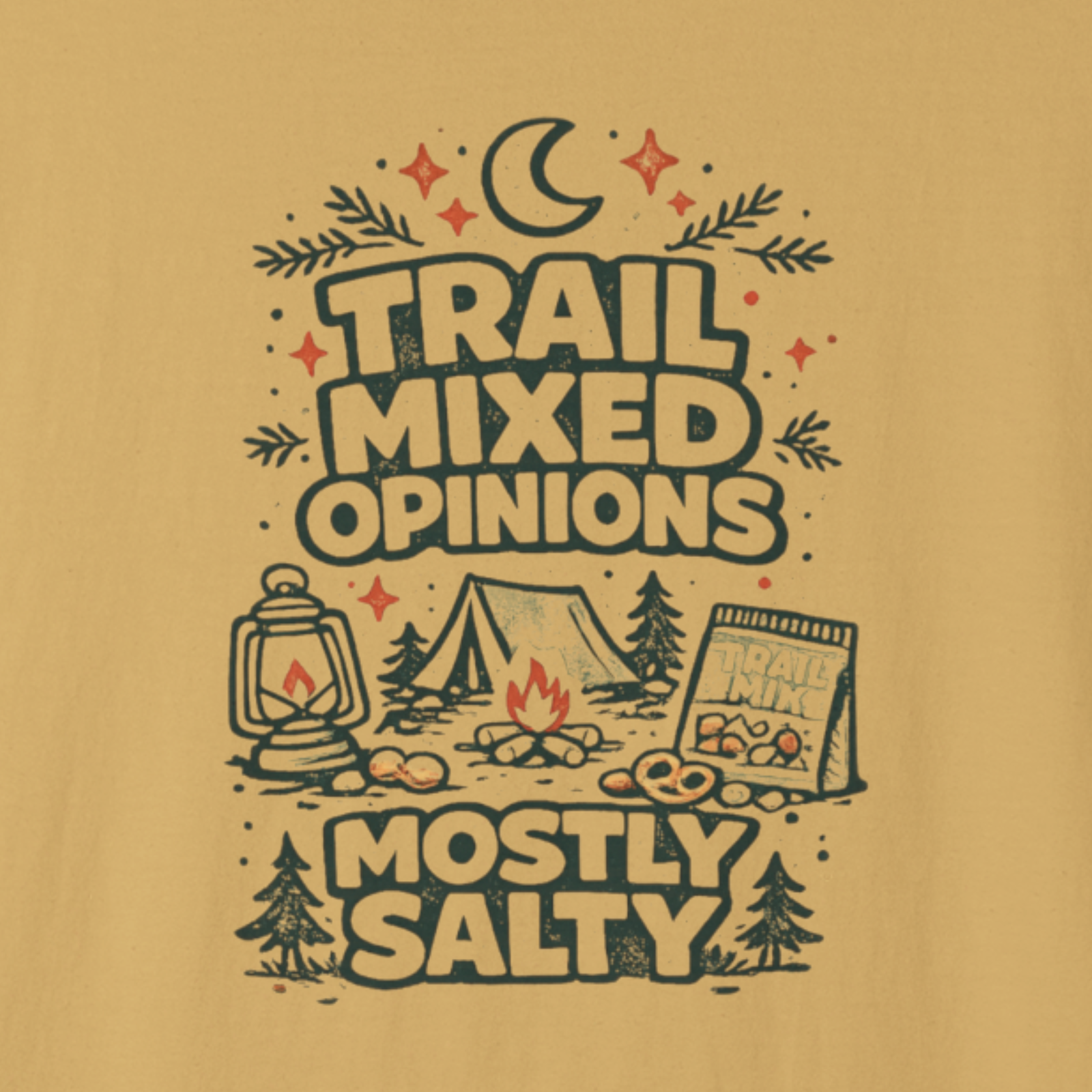 Funny camping graphic t-shirt reading “Trail Mixed Opinions Mostly Salty” in a vintage outdoor design