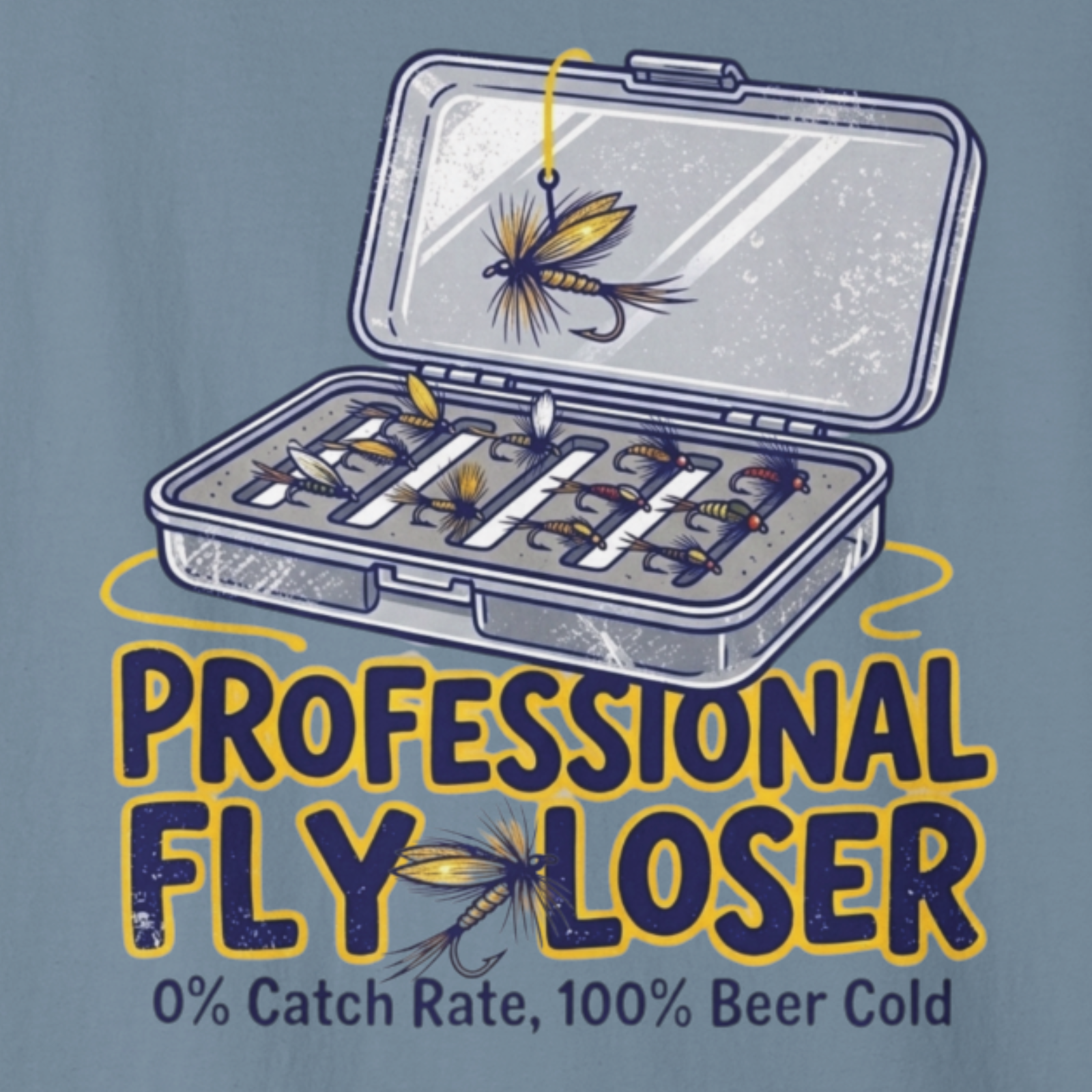 Close-up of fly box graphic with fishing flies and bold “Professional Fly-Loser” text