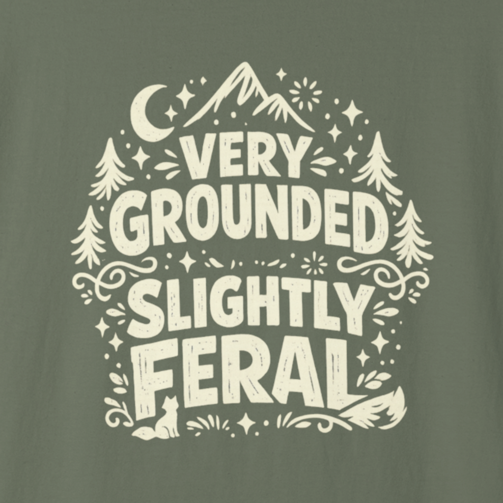 Close-up of Very Grounded Slightly Feral typography with mountains trees and stars.