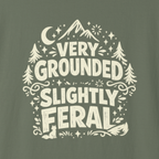 Close-up of Very Grounded Slightly Feral typography with mountains trees and stars.