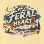 Vintage-style graphic with 'My Feral Heart' text and nature elements on a beige background