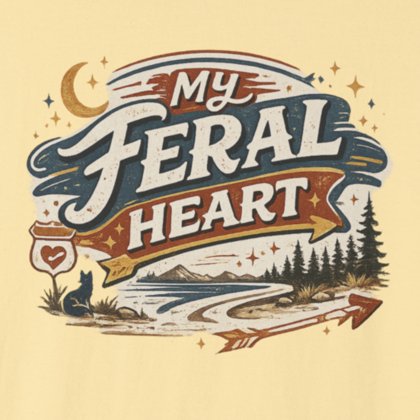 Vintage-style graphic with 'My Feral Heart' text and nature elements on a beige background
