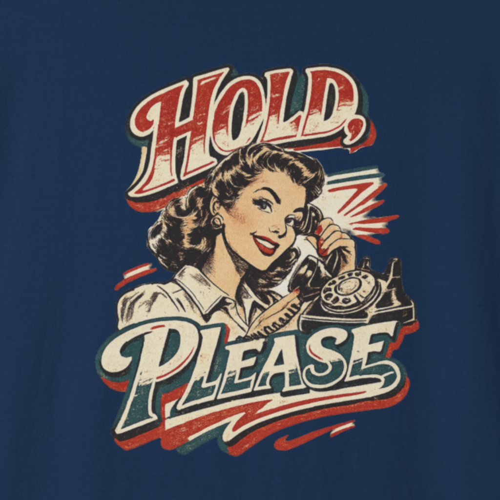 Vintage-style graphic with a woman holding a phone and 'Hold, Please' text on a blue background