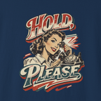Vintage-style graphic with a woman holding a phone and 'Hold, Please' text on a blue background